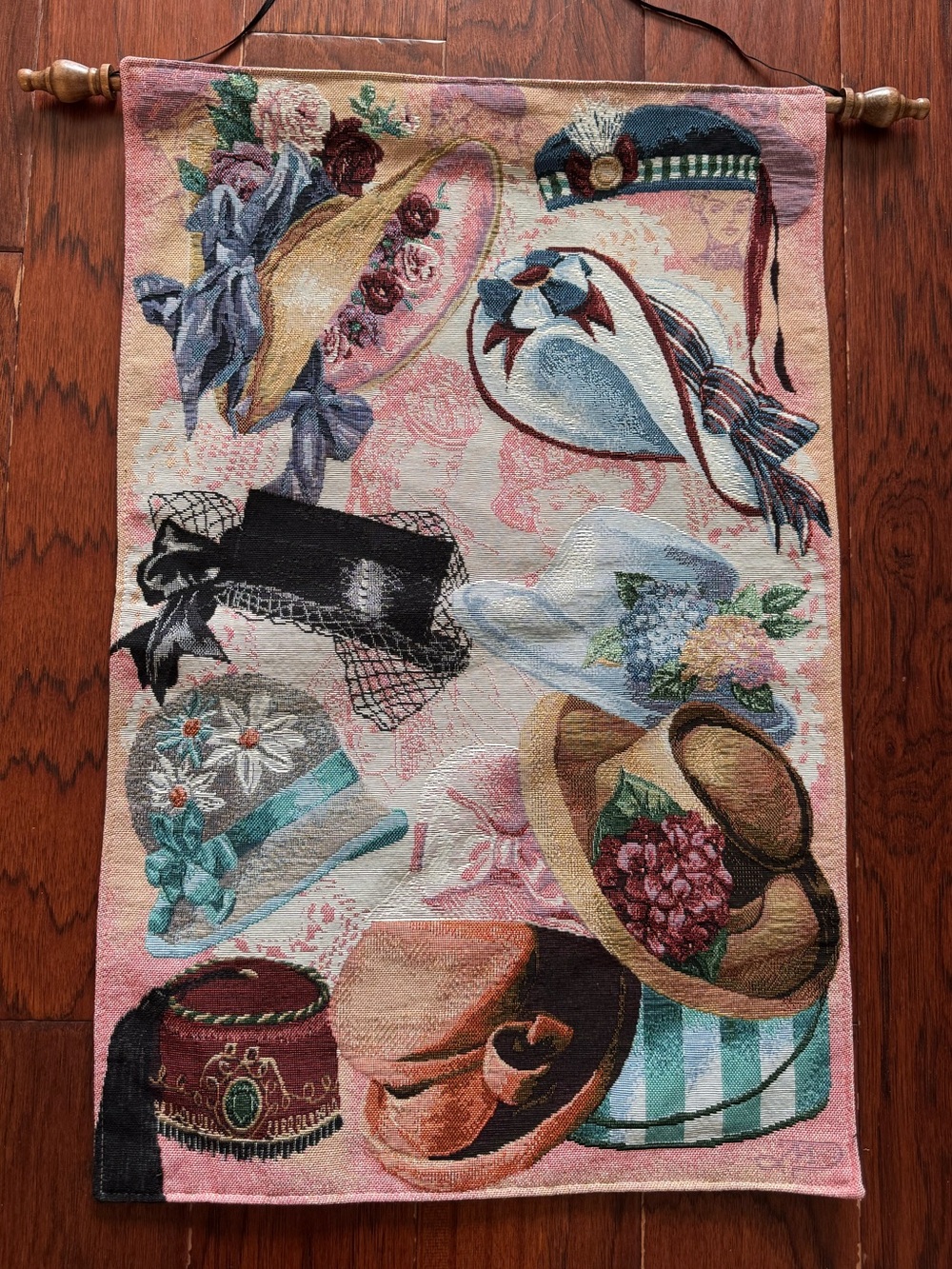 Victorian Shabby Chic Woven Floral Lady Hats Tapestry Wall Hanging